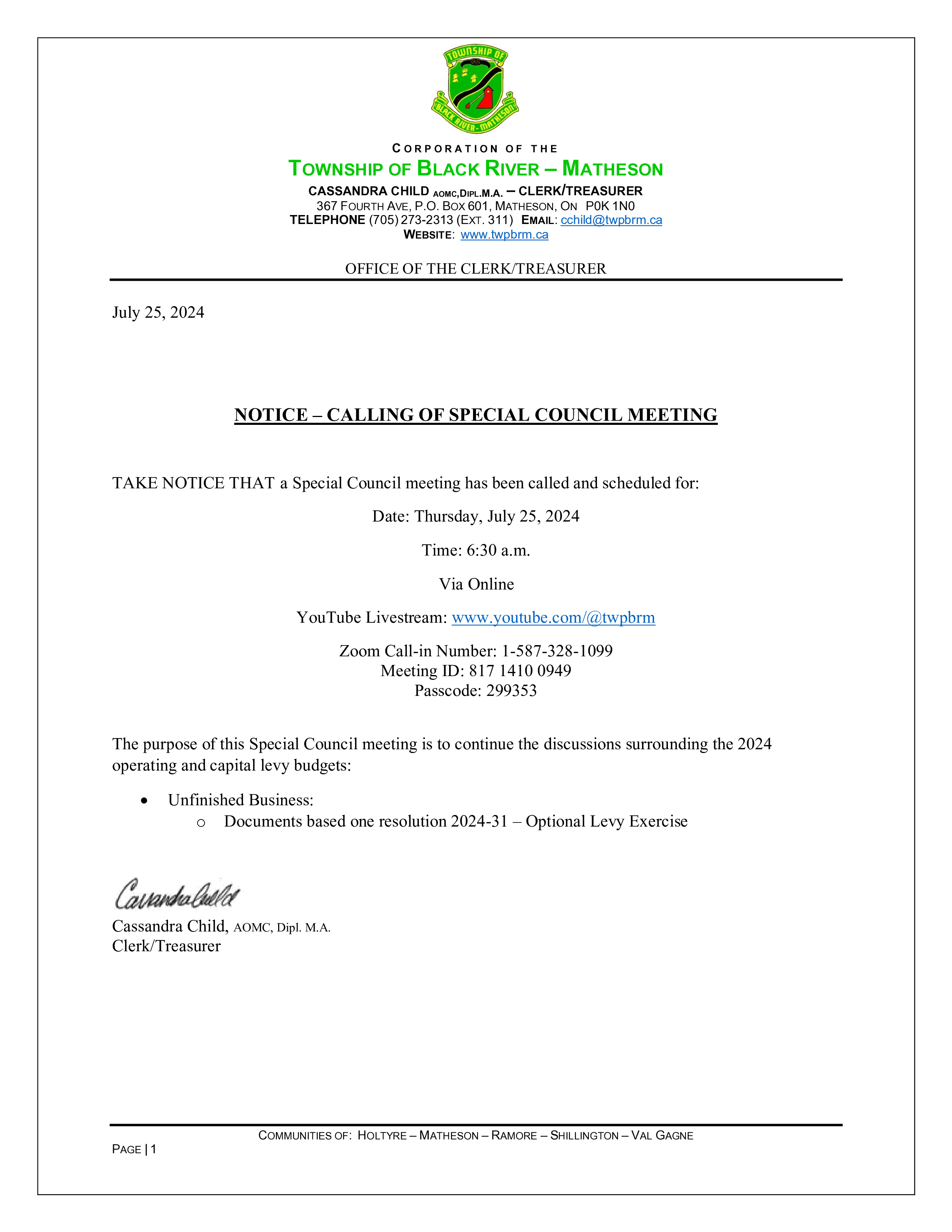 Image of Notice of Special Council Meeting - July 25, 2024