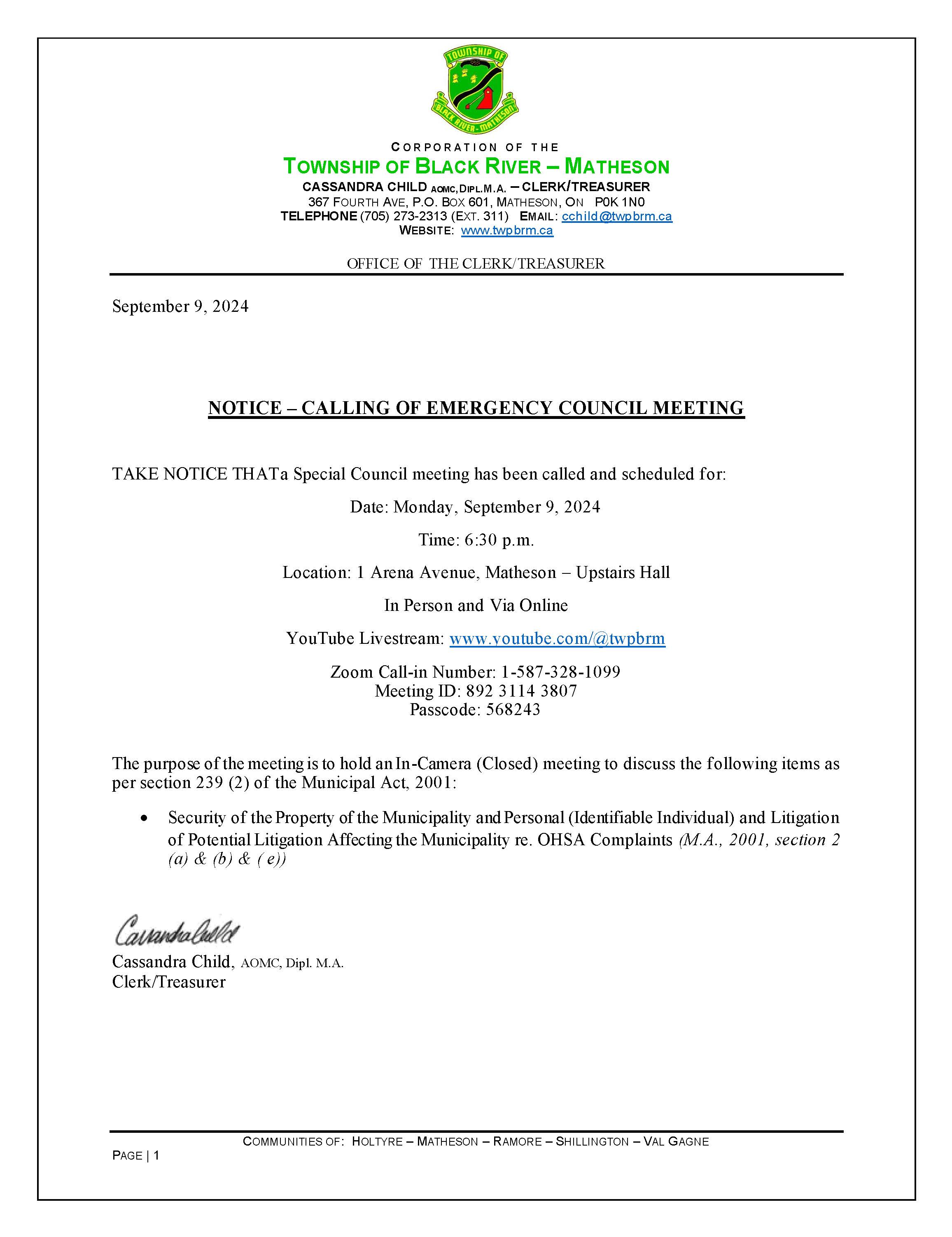 Image of NOTICE OF EMERGENCY COUNCIL MEETING SEPTEMBER 9, 2024