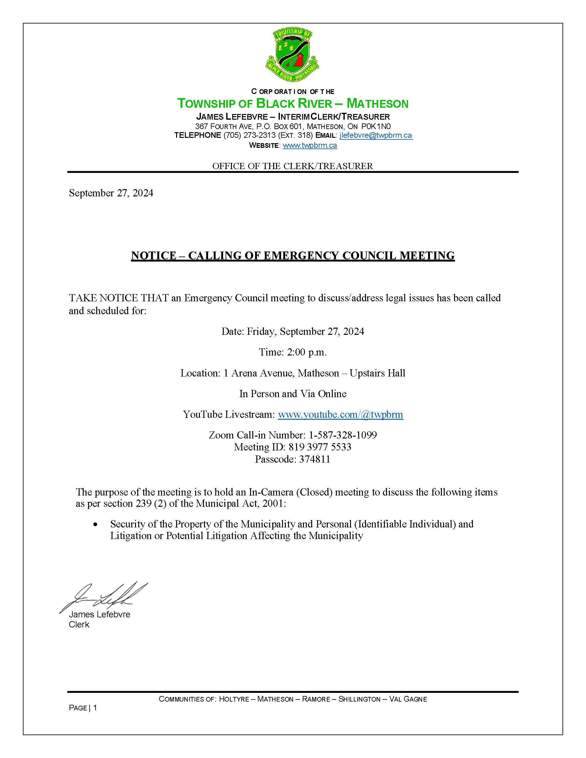 Image of NOTICE OF EMERGENCY COUNCIL MEETING SEPTEMBER 27, 2024